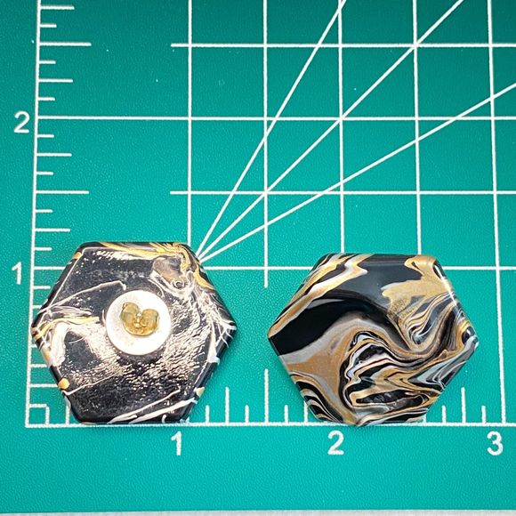 Pentagon Button Earrings Celluloid Acetate 3D Gold Black White Swirl Studs - Picture 7 of 7